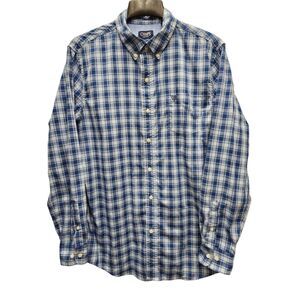 Chaps Button Down Shirt Mens Large Easy Care Blue Plaid Long Sleeves Casual